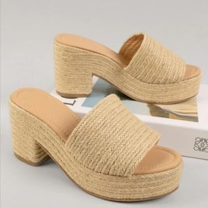 Jute Espadrille Platform Block Heel Slip-On Sandals